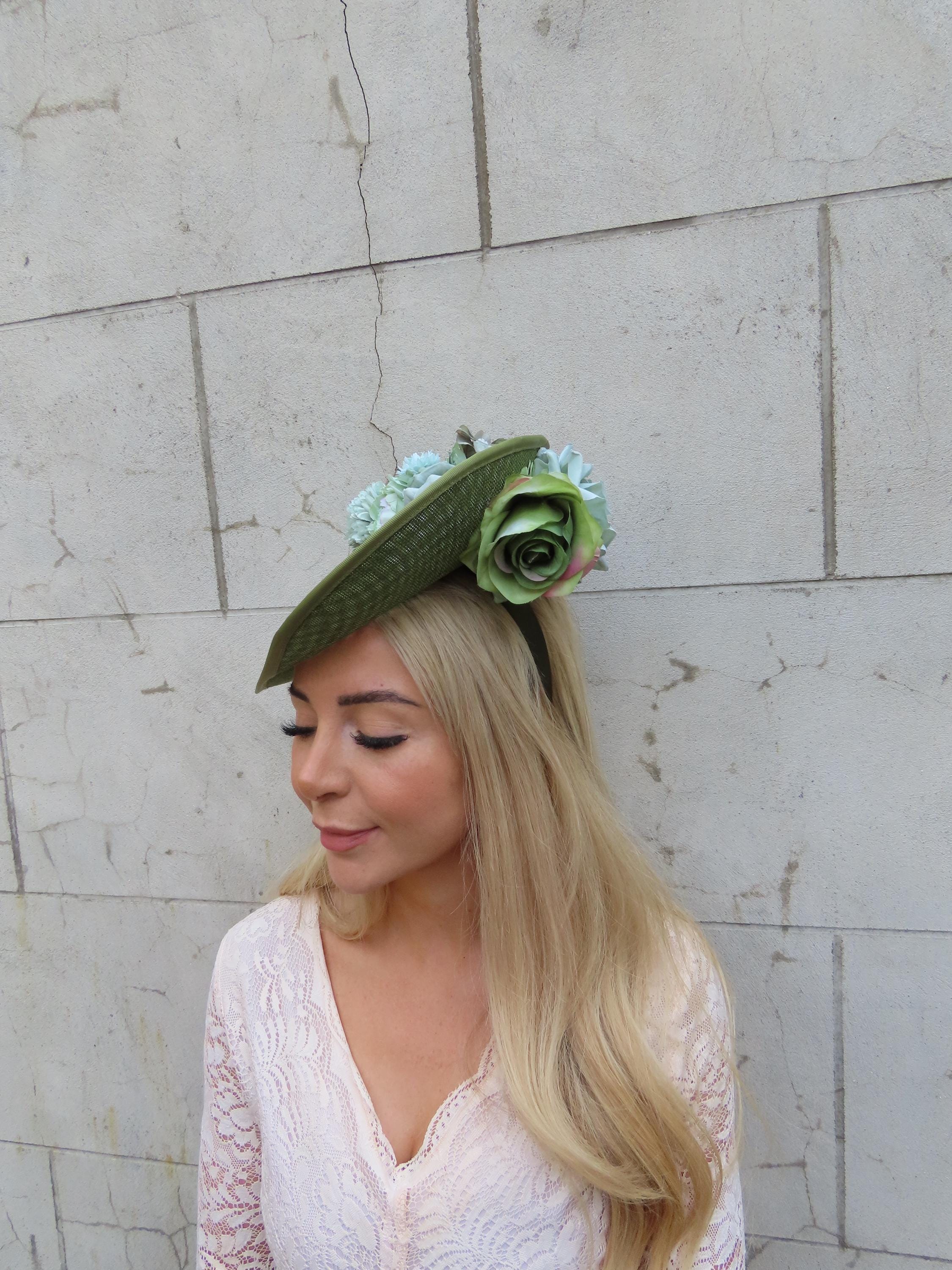 Large Green & Sage Flower Fascinator Hat Big Teardrop Khaki  display picture 3