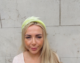 Light Lemon Yellow Feather Headband Fascinator Headpiece Wedding Guest Races Padded Halo u12406