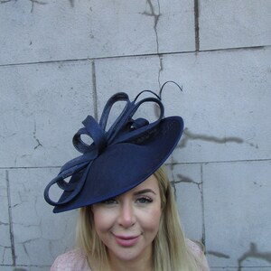 One Off Piece - Large Navy Blue Feather Fascinator Hat Big Teardrop Wedding Mother of Bride Hatinator Formal Occasion Dark Navy Races u10201