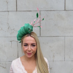 Emerald Green & Blush Pink Feather Fascinator Headband Headpiece Races Wedding Guest Dusky Sinamay u12207 One off Piece
