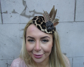 Black Brown Leopard Print Pheasant Feather Fascinator Pillbox Races Hat Hair Clips Headpiece Wedding Ladies Day sh-569