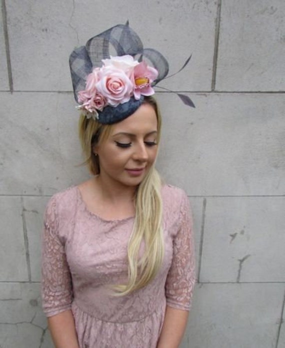 Dark Grey Charcoal Light Blush Nude Pink Rose Flower Feather Hat Fascinator 6070