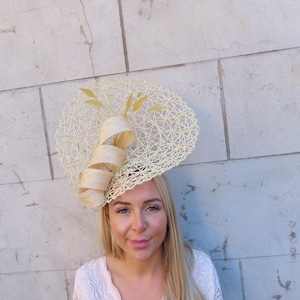 Golden Champagne Feather Fascinator | Kentucky Derby, Wedding & Race Day Hat Gold Ivory Kentucky Derby Fascinator Hat, Feather Ascot  main image 2