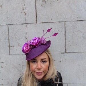Plum Grape Purple Rose Flower Feather Fascinator Hat Saucer  display picture 2