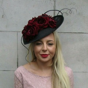 Large Burgundy Wine Red Black Flower Teardrop Fascinator Hat Races Hair 7234 uu
