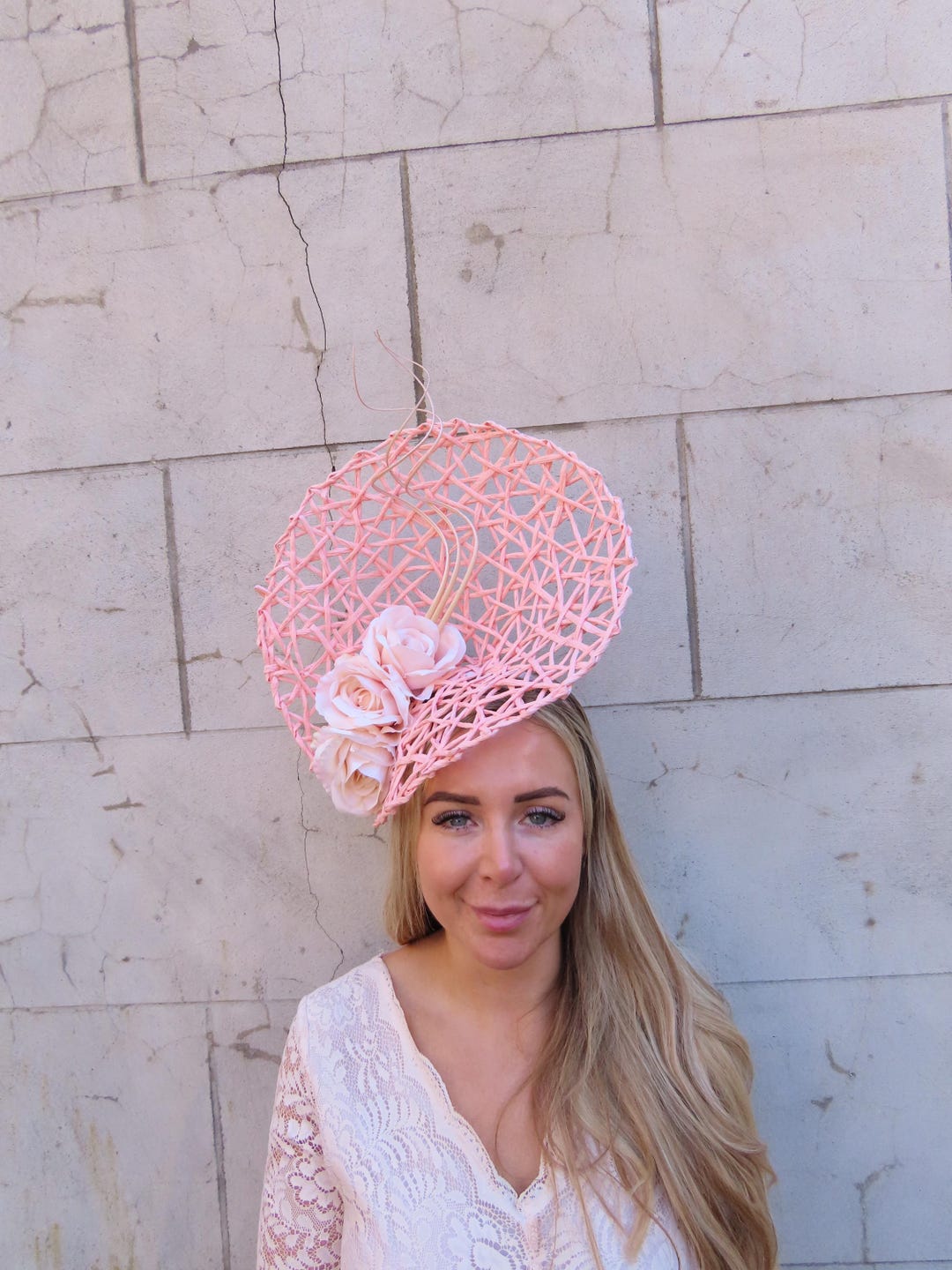 Large Blush Peach Pink Flower Feather Straw Hat Fascinator Races Big ...