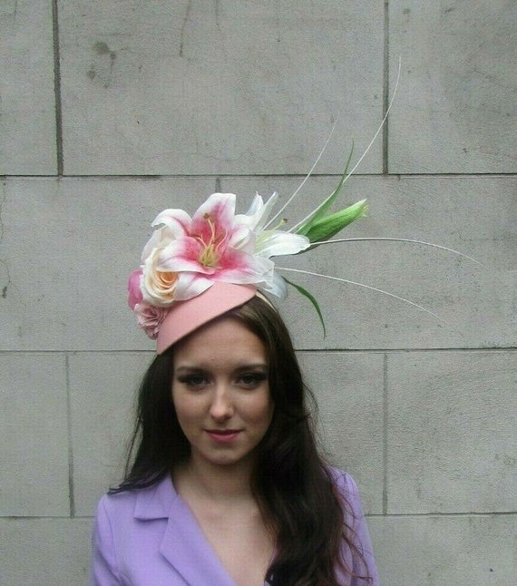 Starcrossedbeauty Light Peach Blush Pink Cream Ivory Flower Hat Races Fascinator Feather Hair 0003