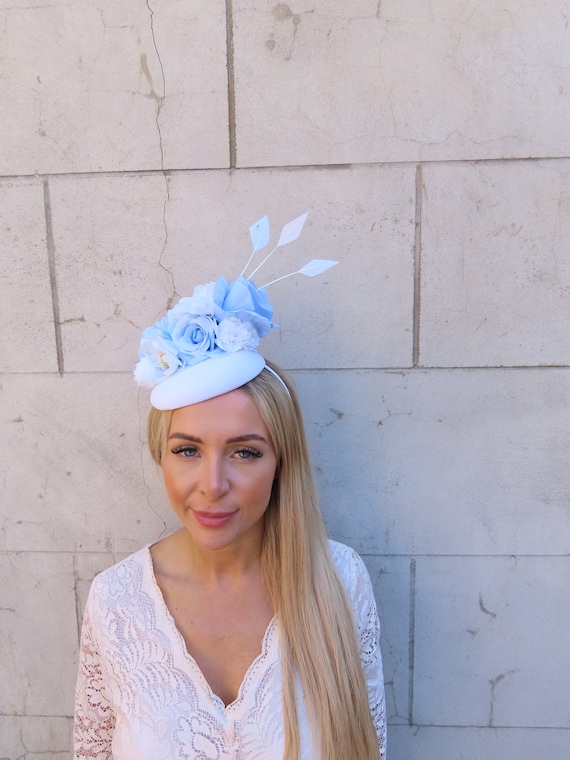 White & Light Blue Flower Feather Pillbox Hat Hair