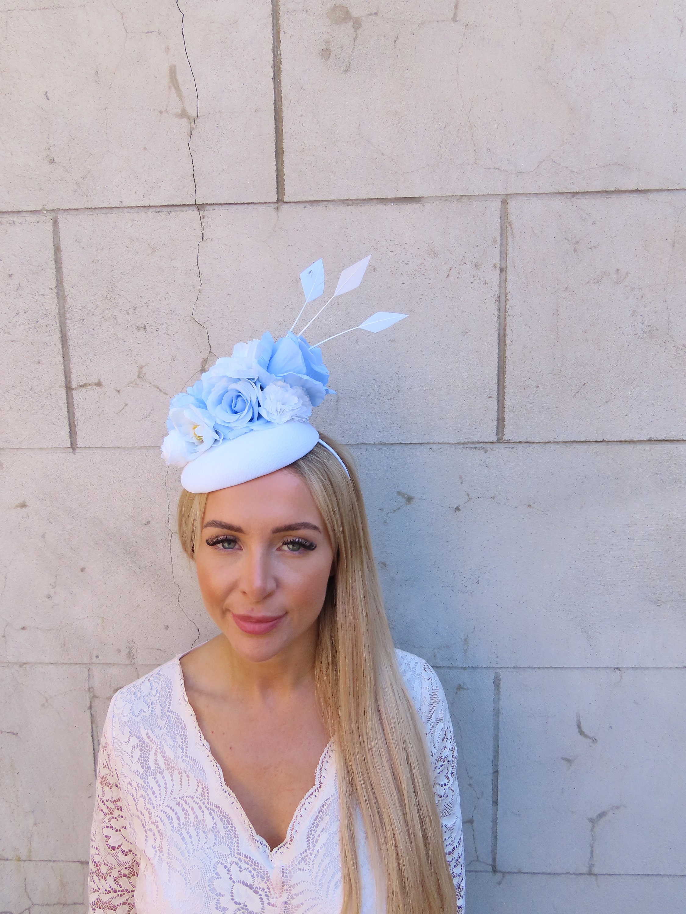 White & Light Blue Flower Feather Pillbox Hat Hair Fascinator Wedding Races Headpiece Headband Hairband Floral Baby Blue Ascot u10206