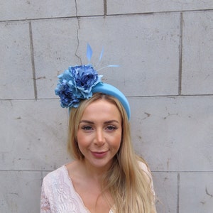 Sky Blue Teal Peony Flower Feather Padded Headband Fascinator Headpiece Wedding Races Hairband Halo u10906