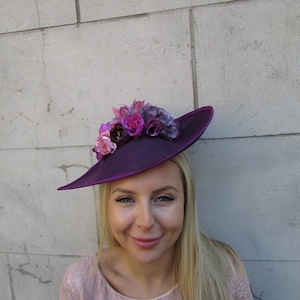 Large Plum Grape Purple Aubergine Rose Teardrop Fascinator Hat Headband Wedding Flower Races Big Wedding Races sh-124uu