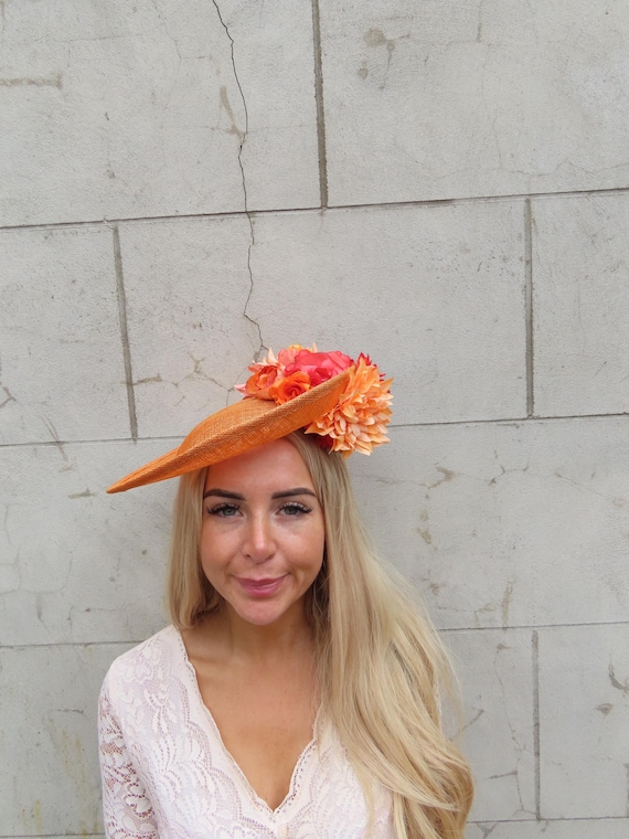 Large Light & Burnt Orange Flower Sinamay Hat Fascinator 