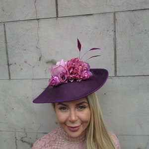 Large Plum Grape Purple Mauve Aubergine Rose Feather Teardrop Fascinator Hat Headband Wedding Flower Races Big Wedding Races sh-446uu