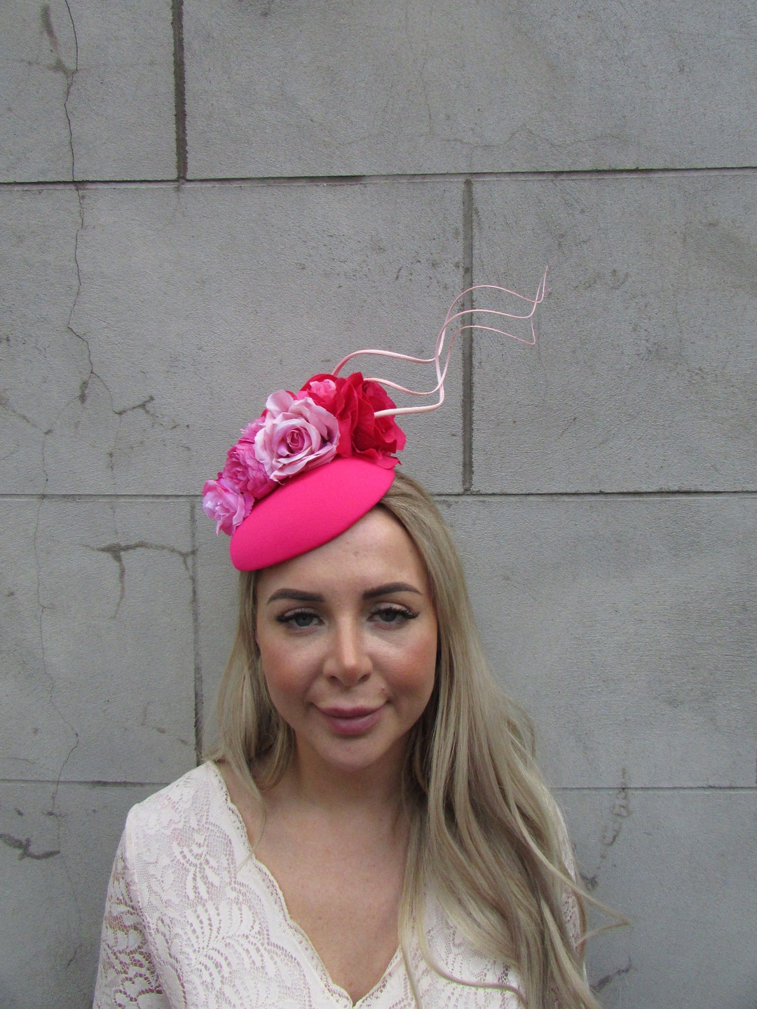 Hot Pink Light Blush Flower Feather Pillbox Hat Hair Fascinator Wedding ...