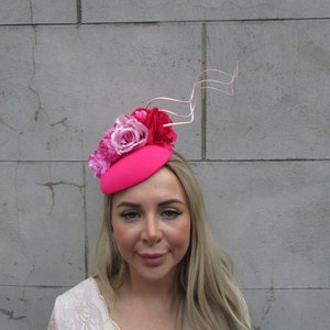Hot Pink Light Blush Flower Feather Pillbox Hat Hair Fascinator Wedding Races Headpiece Headband Hairband Floral Cerise Pink Fuchsia u12808y