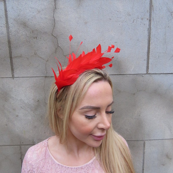 Bright Red Feather Fascinator Races Wedding Guest Headpiece Hairband Alice Band Headband Ladies Day Outfit Thin Headband ps-10