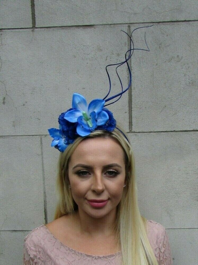 Royal Blue Electric Blue Orchid Flower Feather Fascinator Headband Hairband 0528