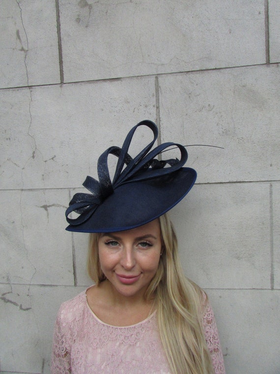 Large Navy Blue Feather Fascinator Hat Big Teardrop Wedding Mother of Bride Hatinator Formal Occasion Dark Navy Races c1b