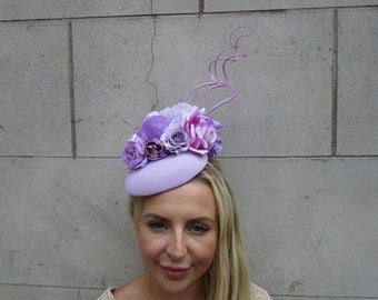 Lilac Light Purple Rose Flower Feather Pillbox Hat Fascinator Wedding Races Headpiece Headband Hairband Floral Statement Ladies Day sh-507