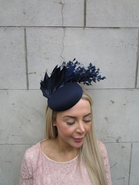 Dark Navy Blue Feather Pillbox Hat Fascinator Wedding Guest  display picture 1