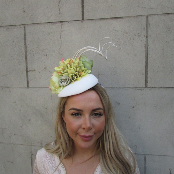 Ivory Off White Chartreuse Lime Olive Green Flower Feather Pillbox Hat Fascinator Wedding Races Headpiece Headband Floral Hatinator u12808
