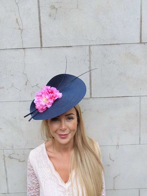 Elegant Navy Straw Hat with Pink Flower Accent Navy Blue Wide-Brim Floral Sun Hat – Vintage Boho Summer Hat  main image 4