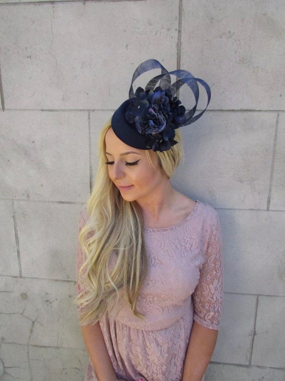 Navy Blue Hydrangea Flower Pillbox Hat Hair Fascinator Clip Etsy
