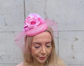 Baby Pink Rose Flower Birdcage Veil Fascinator Pillbox Hat Races Wedding Guest Headpiece Light Pink Sinamay u12710