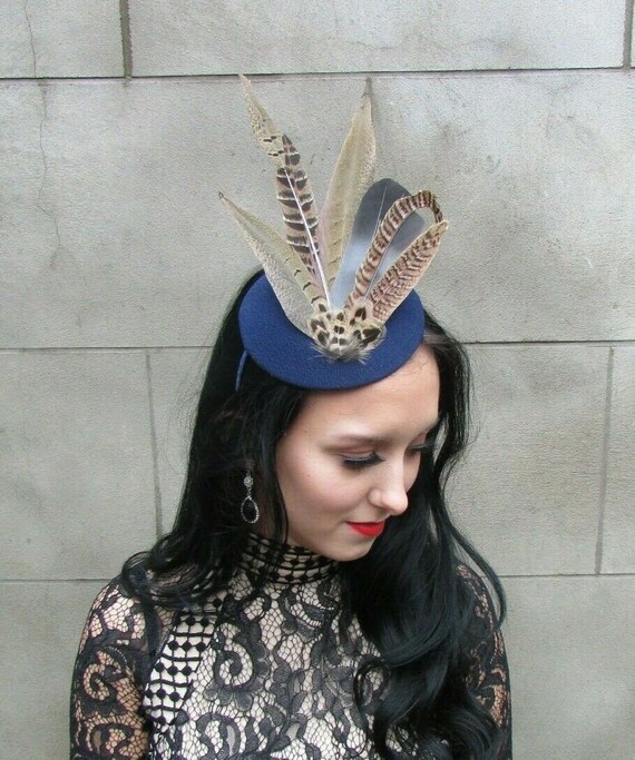 Navy Blue Brown Pheasant Feather Hat 