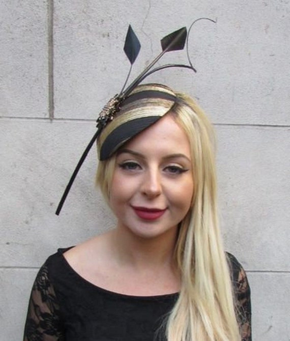 Large Black Gold Statement Feather Hat 