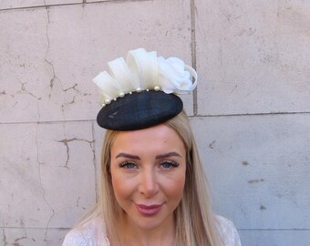 Black Wool Felt Percher Hat: Ivory Feather Flower & Quill - Etsy display picture 2