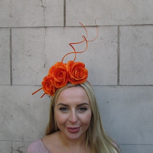 Orange Rose Flower Quill Feather Fascinator Headband Hair Band Races Wedding Floral Vibrant Burnt Orange Headpiece sh-387