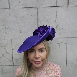 Large Purple Disc Flower Floral Feather Fascinator Hat Races Hatinator Wedding Guest Hairband Headband Cadbury Purple u12603 uu