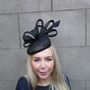 Black Sinamay Feather Fascinator Tilted Sloped Pillbox Hat  display picture 1