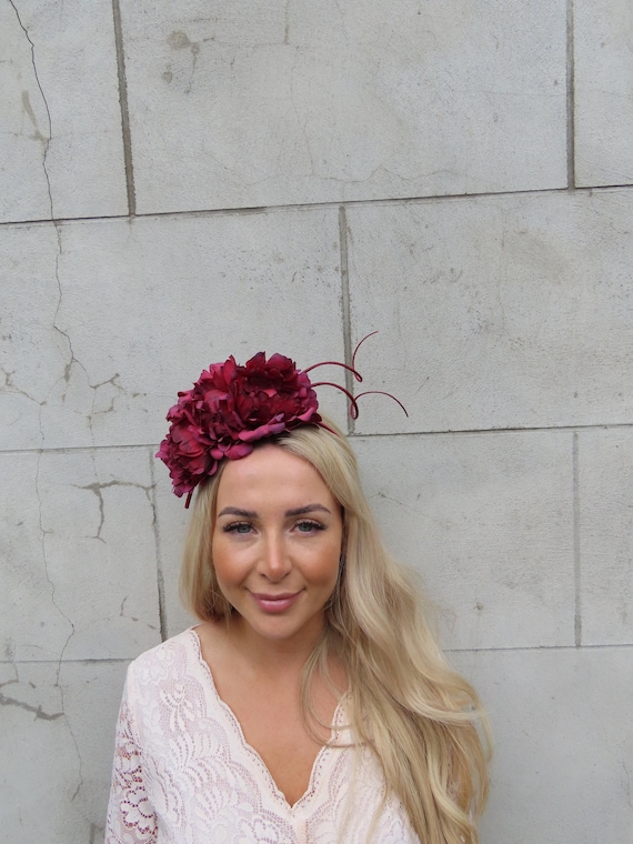 Burgundy Statement Peony Flower & Feather Fascinator  display picture 2