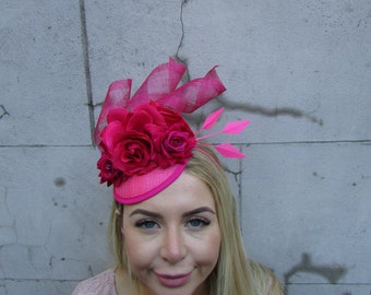 New Floral Hot Pink Cerise Sinamay Rose Flower Feather Hat Fascinator Races Wedding Fuchsia Raspberry Pink Headpiece Headpiece Hair u1b90