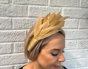 New Gold Velvet Feather Fascinator Padded Headband Headpiece Wedding Guest Races Hairband Halo u10305