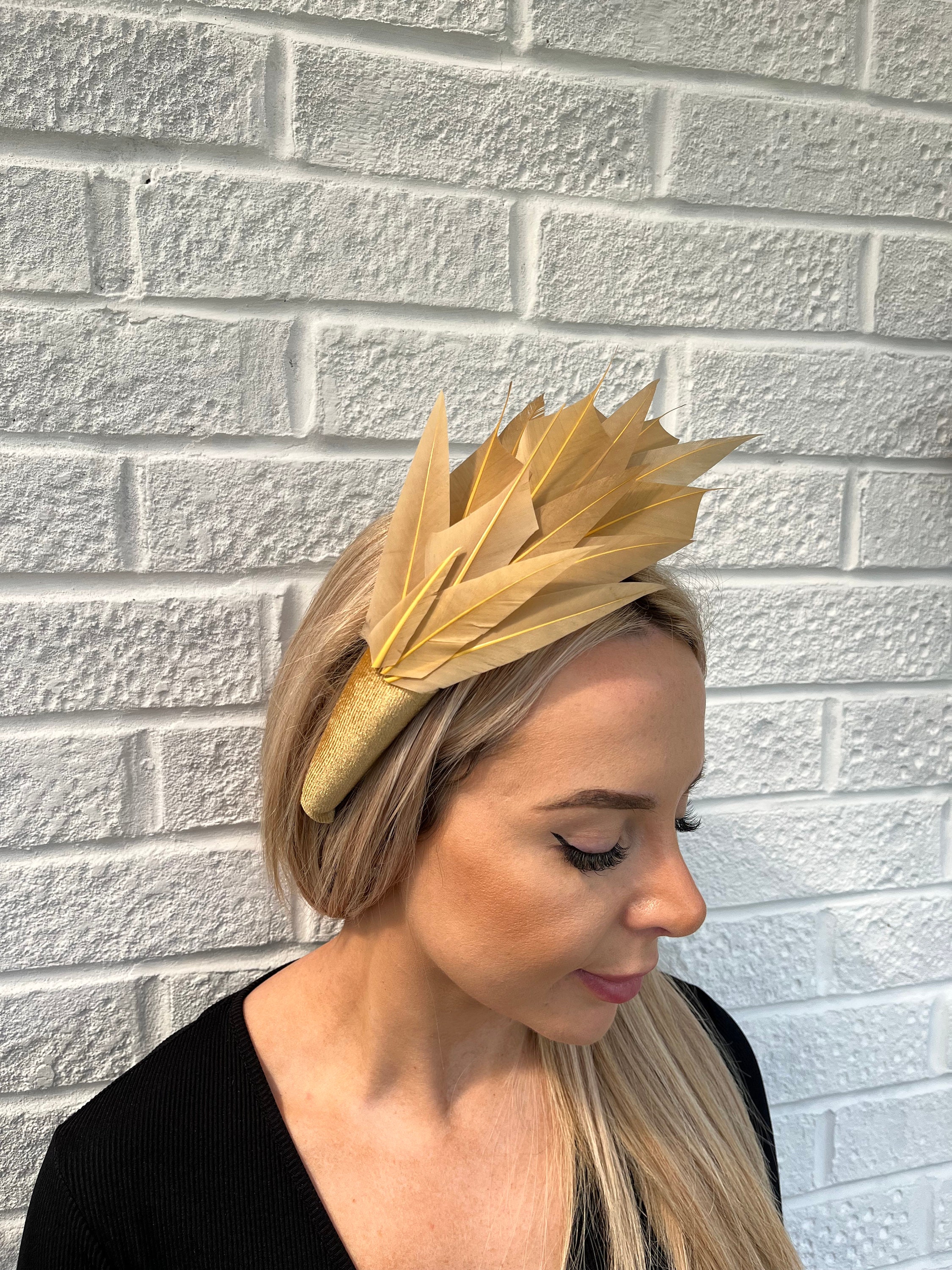 New Gold Velvet Feather Fascinator Padded Headband Headpiece 