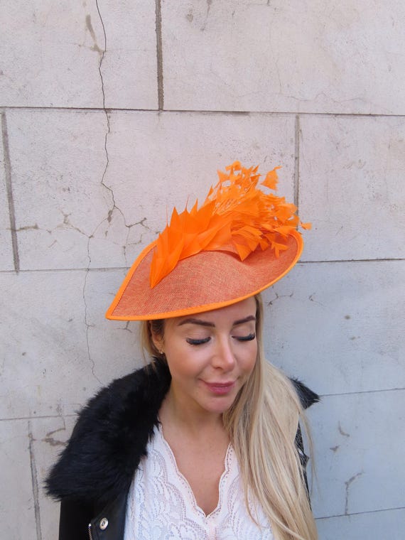Large Burnt Orange Feather Fascinator Hat Big Teardrop 