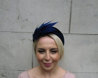 Navy Blue Feather Velvet Padded Headband Fascinator Headpiece Hat Wedding Guest Races Hairband Hair Band Halo u1p