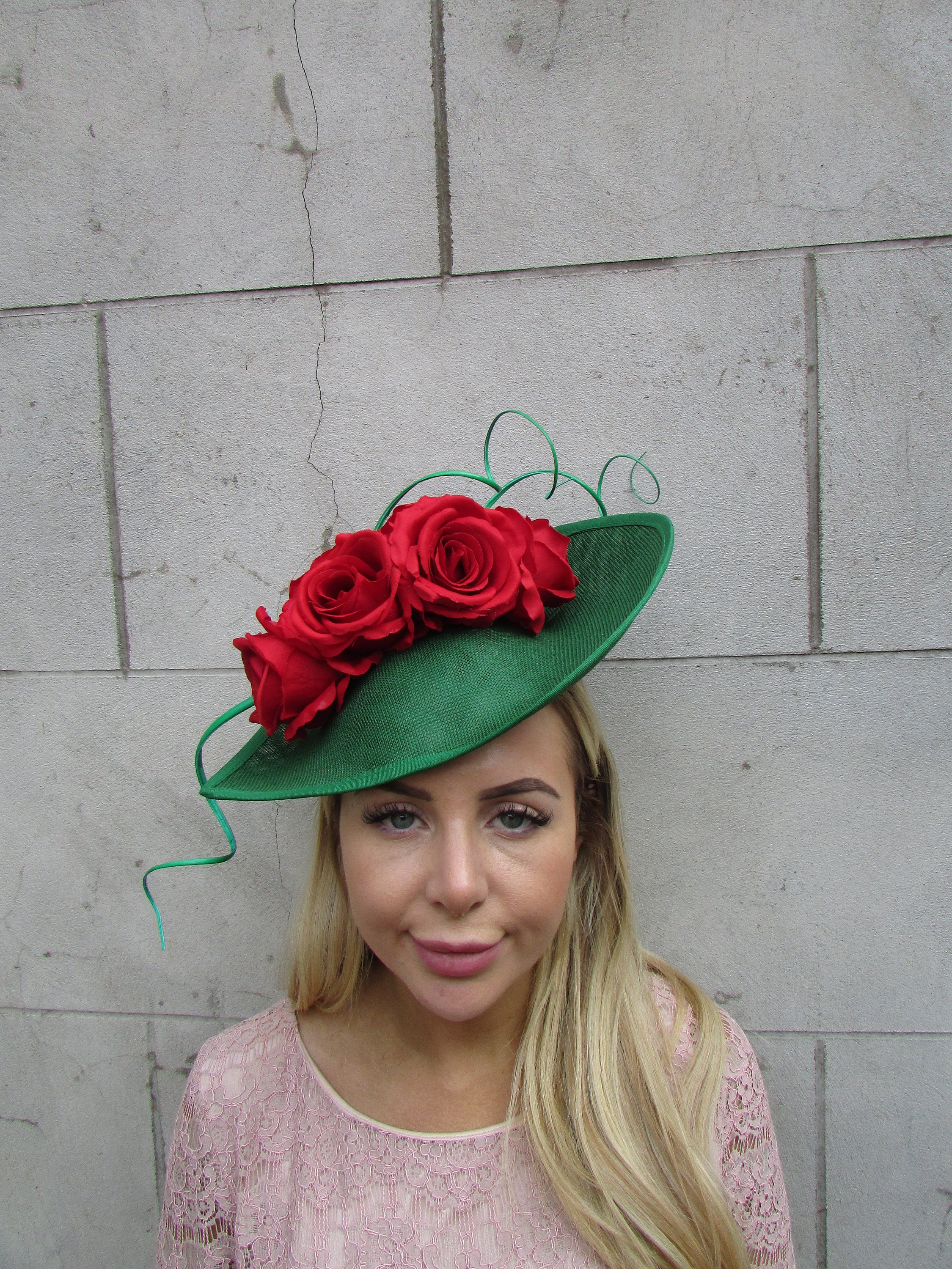 Large Red & Emerald Green Rose Floral Flower Fascinator Hat Big