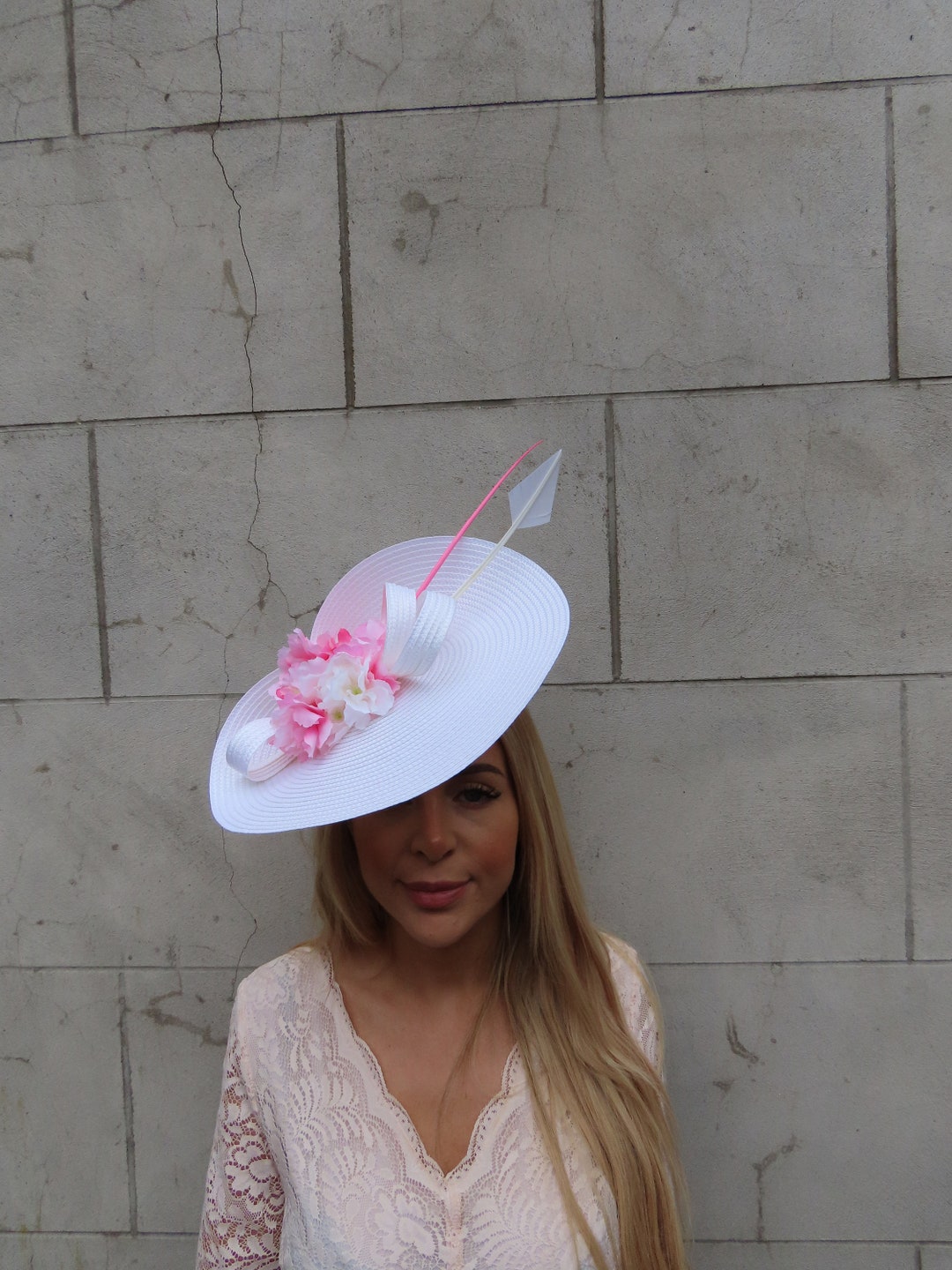 One off Piece Large White & Light Pink Blossom Flower Straw Style Hat ...