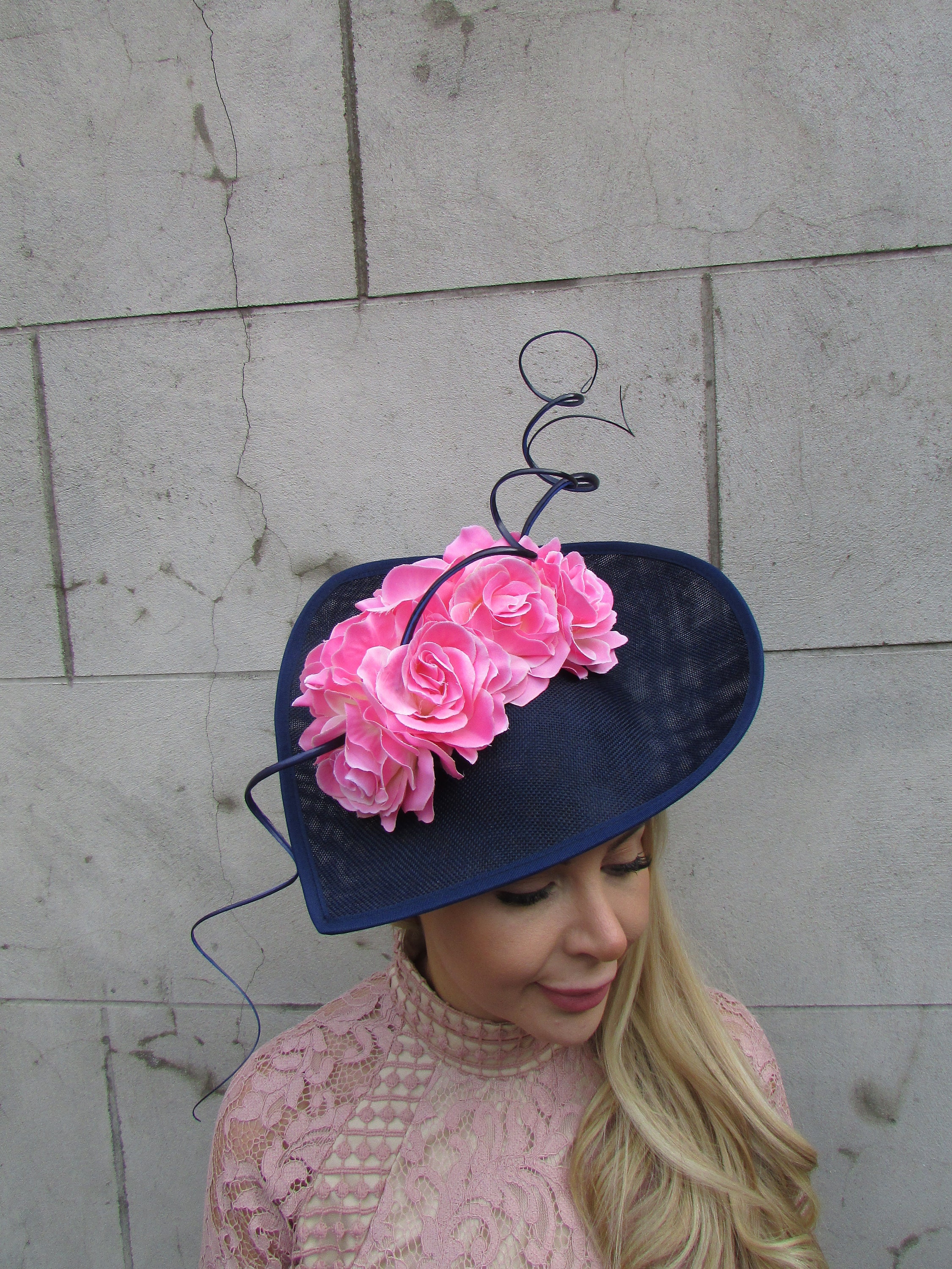 Large Navy Blue & Light Pink Rose Flower Fascinator Hat Big Teardrop ...
