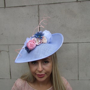 Large Light Cornflower Blue Lilac Periwinkle Blue Light Pink Blush Rose Floral Flower Fascinator Hat Big Teardrop Wedding Races SH-85uu