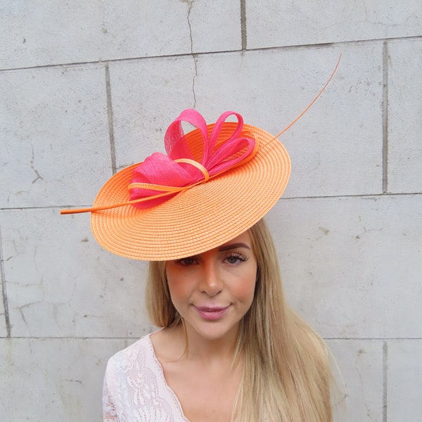 One off Piece Large Fuchsia Hot Pink Orange Straw Style Hat Fascinator Wedding Guest Races Disc Headband Hatinator Big Statement u10903