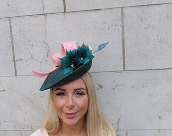 Bottle Green & Dusky Blush Pink Feather Flower Fascinator  display picture 2