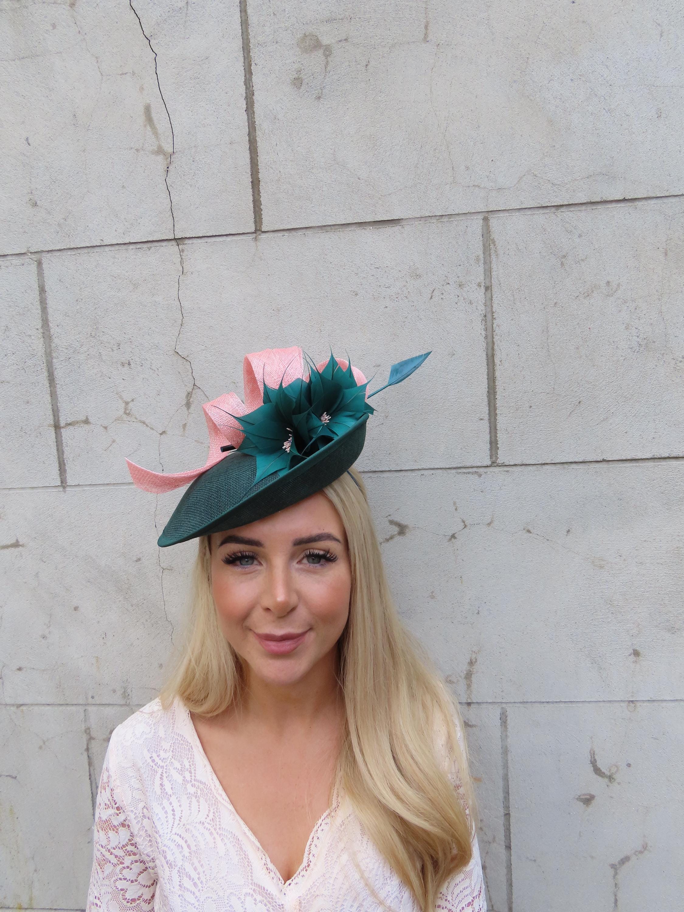 Bottle Green & Dusky Blush Pink Feather Flower Fascinator  display picture 2