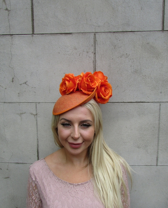 Vibrant Orange Floral Fascinator Hat Large Orange Burnt Orange Rose Flower Fascinator Hat Big  main image 4