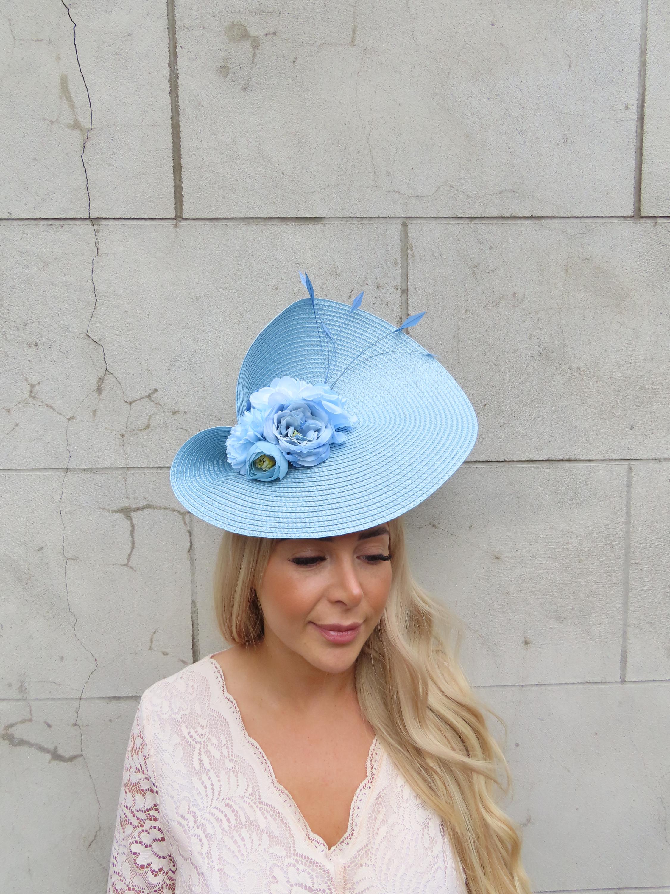 1点物 大きなライトブルーフラワー 麦わら帽子 ファシネーター