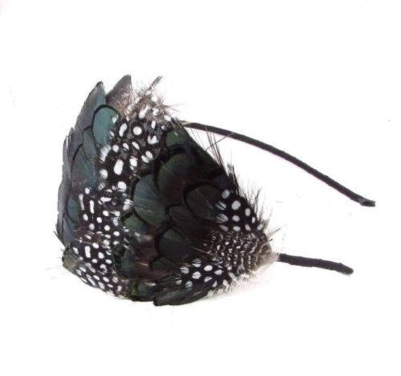 Black Green White Lady Amherst Pheasant Feather Fascinator Headband 40s 4213